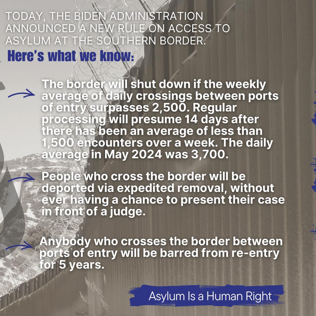 ImmDef's tweet photo. President Biden's anti-immigrant executive order is an abomination to our asylum system. America has the capacity to welcome asylum seekers, this is proven in cities like LA and SD. To end disorder, we need to end deterrence policies and increase legal pathways to citizenship. https://t.co/WnZ3wHquxb