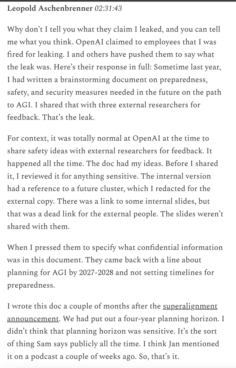 GarrisonLovely's tweet photo. Leopold Aschenbrenner told his side of the story for why OpenAI fired him. If accurate, this is wild! Overall, it sounds like he was targeted for being a squeaky wheel (not signing the SamA letter, raising security issues w/ the board, talking about AGI being a govt project... https://t.co/tgDR90SgZF
