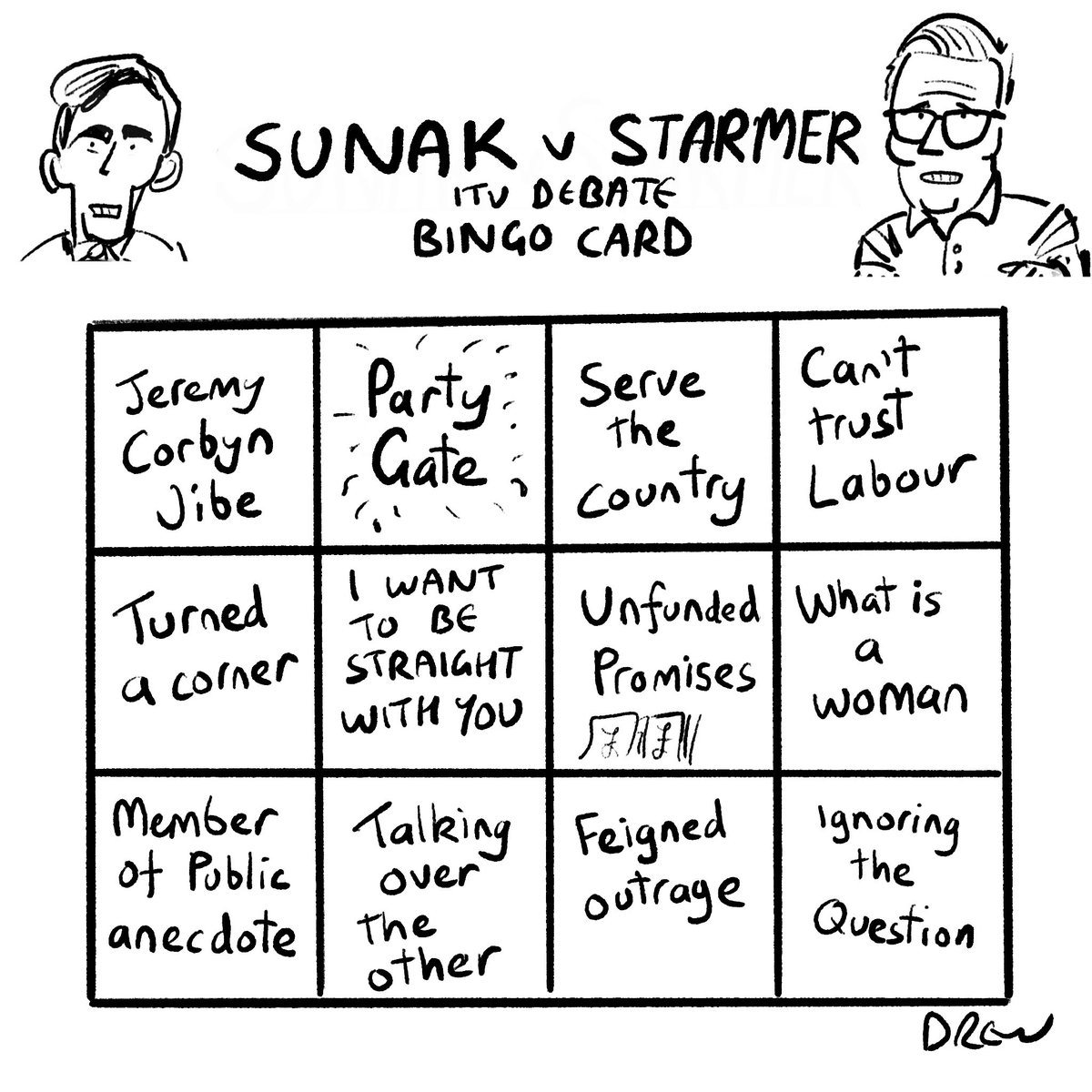cartoonsidrew's tweet photo. Here is my #ITVDebate leaders debate bingo card with half an hour to go just drawing this made me hope it not just a pumped up PMQs pantomime but at least has some good moments to sketch #ge2024 https://t.co/E0YNflVbx4