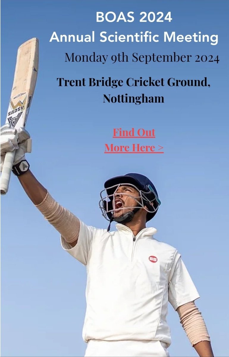 We are pleased to announce the opening of our Registration for BOAS 2024.

This one day event is being held on Monday 9th September at the legendary Trent Bridge Cricket Ground in Nottingham. 

Bookings now available on:
bookcpd.com/course/boas-20…