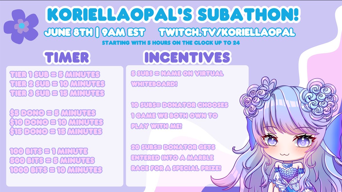 koriellaopalVT's tweet photo. IT’S ABOUT THAT TIME!! Here are the details of my first ever subathon!! Hopeful for a wonderful stream and amazing time! https://t.co/ZVW3fXXl2W