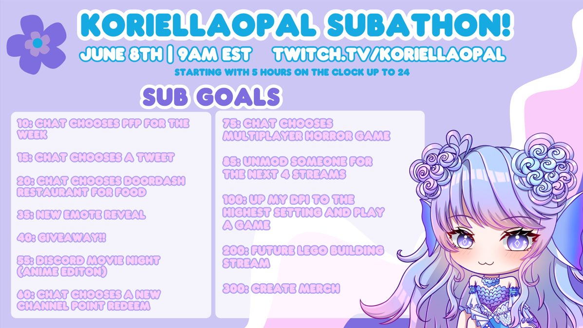 koriellaopalVT's tweet photo. IT’S ABOUT THAT TIME!! Here are the details of my first ever subathon!! Hopeful for a wonderful stream and amazing time! https://t.co/ZVW3fXXl2W