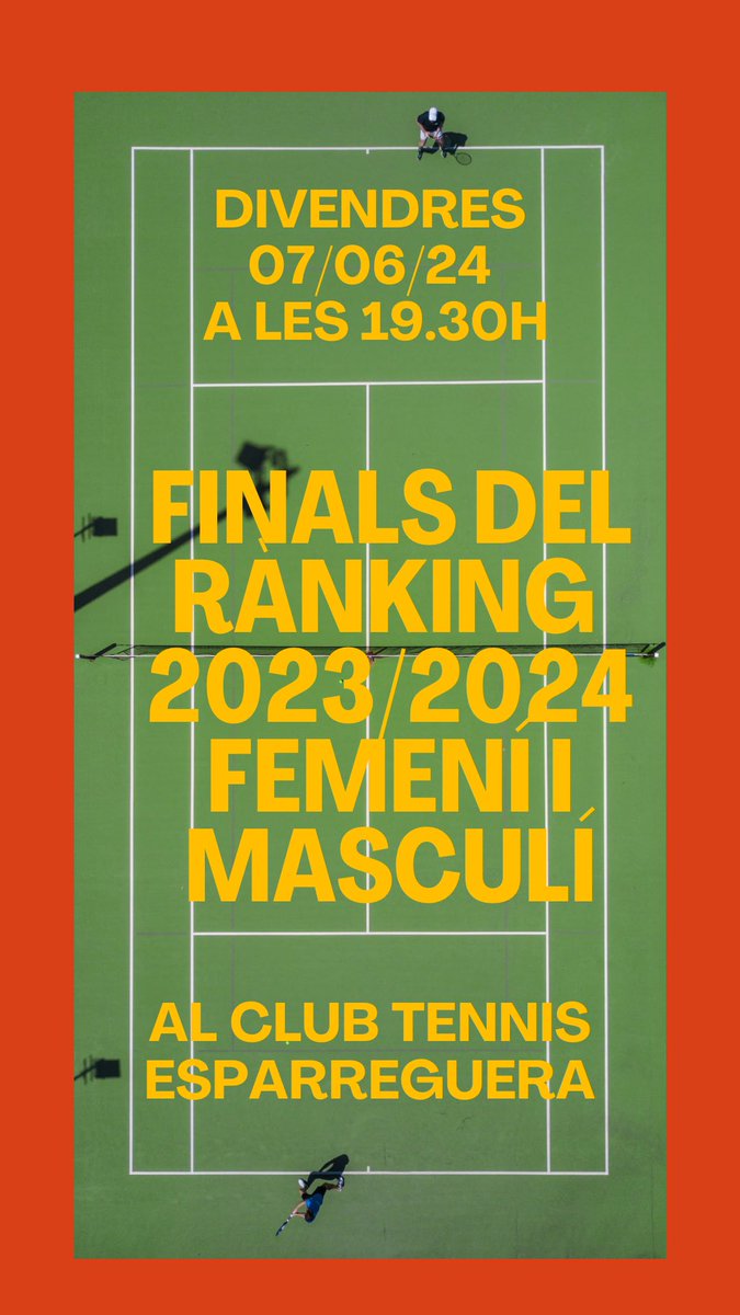 Aquest divendres es jugaràn LES FINALS del Rànquing 2023/2024. Categoria Masculí i Femení.
Serà a partir de les 19.30h al Club Tennis Esparreguera. Després es farà l’entrega de Premis.
No hi falteu! Us hi esperem!