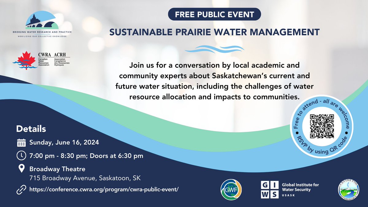 usask_water's tweet photo. Learn about Saskatchewan’s current and future water situation and community impacts. Join us for a water conversation lead by local academic and community experts June 16 at 7:00pm. 

RSVP and learn more: https://t.co/CddRUBnXlE
#USaskWater

@CWRA_Flows #CWRA2024 https://t.co/v4ClGbXs41