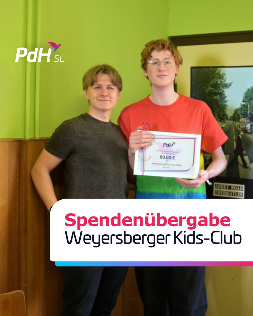PdH SL | Partei der Humanisten Saarland (@pdh_sl) on Twitter photo Heute konnten wir voller Freude Spenden in Höhe von 80 € an den Weyersberger Kids-Club in Burbach übergeben. ✨🥳
Wir sind froh durch diese Spendenaktion Erfahrungen gesammelt zu haben und vor allem dabei Lokal den Menschen zu helfen. ❤️
<a href="/awosaarland/">AWO Saarland</a>
#Saarbrücken Heute konnten wir voller Freude Spenden in Höhe von 80 € an den Weyersberger Kids-Club in Burbach übergeben. ✨🥳
Wir sind froh durch diese Spendenaktion Erfahrungen gesammelt zu haben und vor allem dabei Lokal den Menschen zu helfen. ❤️
<a href="/awosaarland/">AWO Saarland</a>
#Saarbrücken