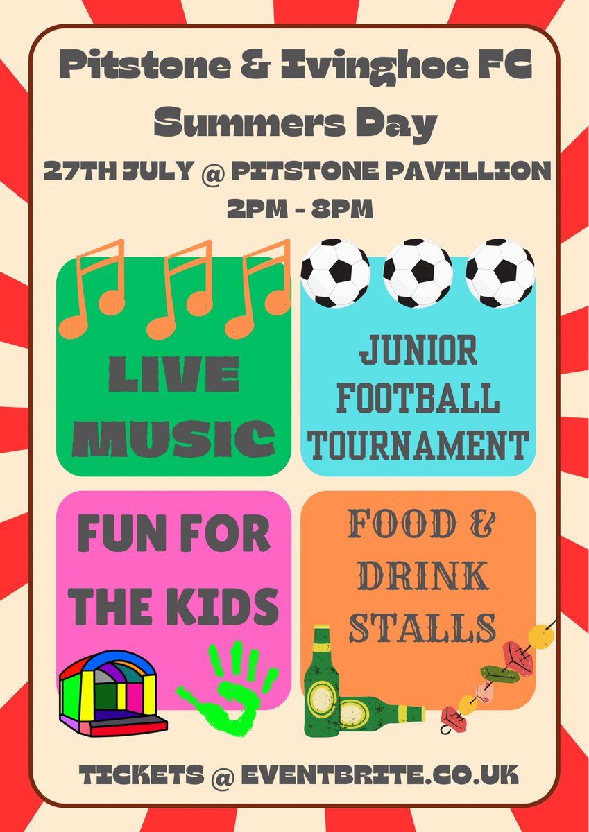 PitstoneFC's tweet photo. 🚨 ANNOUNCEMENT 🚨

On the 27th of July we will be hosting a Summers Day festival at the Pitstone Pavilion; live music, football tournaments, food stalls &amp; plenty of entertainment for all the family. ⚽️ 🎵 🍔 🌭 🤩

Click on the link below for tickets 👇

https://t.co/DPuzZ0wAey https://t.co/Z7CLtzmUnZ