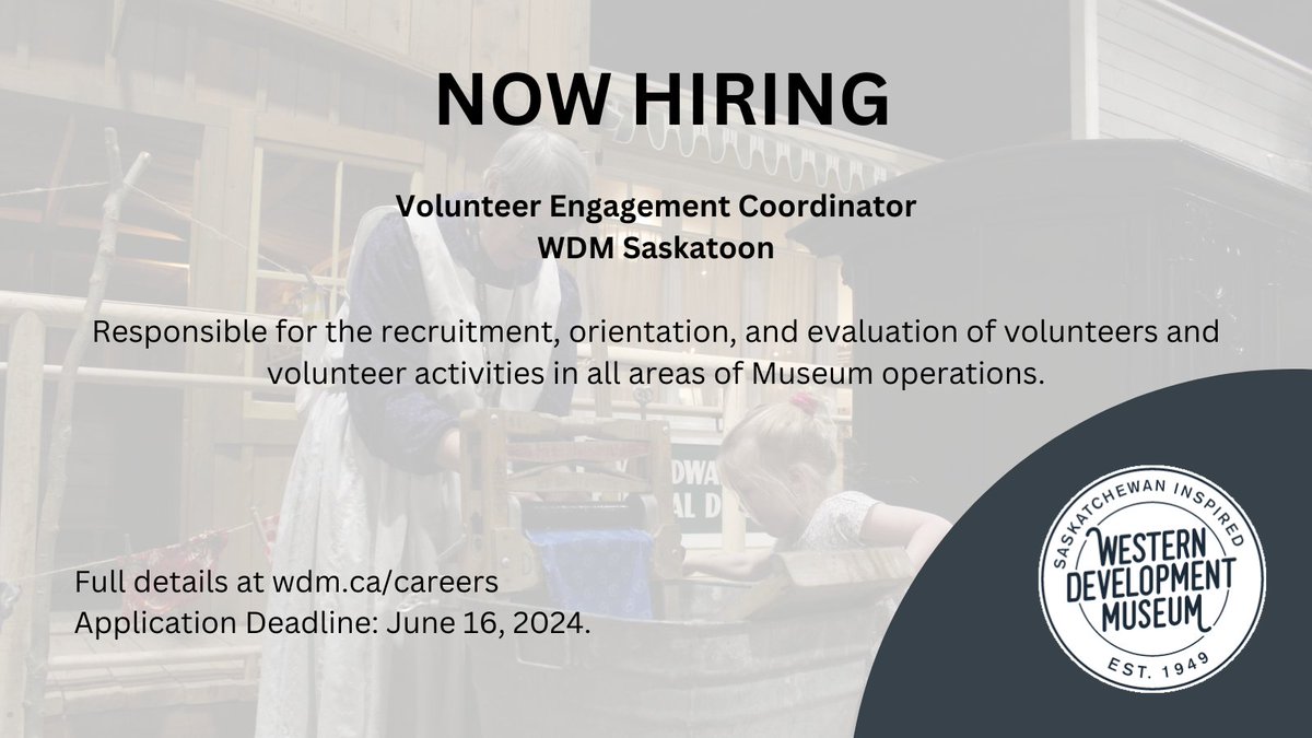 wdmtweets's tweet photo. The WDM Saskatoon is hiring a 𝗩𝗼𝗹𝘂𝗻𝘁𝗲𝗲𝗿 𝗘𝗻𝗴𝗮𝗴𝗲𝗺𝗲𝗻𝘁 𝗖𝗼𝗼𝗿𝗱𝗶𝗻𝗮𝘁𝗼𝗿 who will be responsible for the recruitment, orientation, and evaluation of volunteers and volunteer activities at the WDM Saskatoon. Apply by June 16, 2024. https://t.co/wpZnv4gVzr https://t.co/QcEpZscsrZ