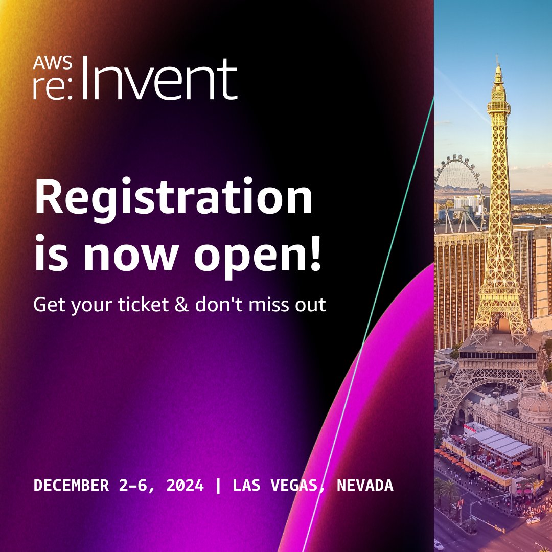 Registration is open for #AWSreInvent 2024. ☁️ 💻 🤖

Come join us in Las Vegas for five exciting days of keynotes, breakout sessions, chalk talks, interactive labs, &amp; career-changing connections. 
#AWS #CloudComputing 

 Register now. ➡️ go.aws/3KrPvSX