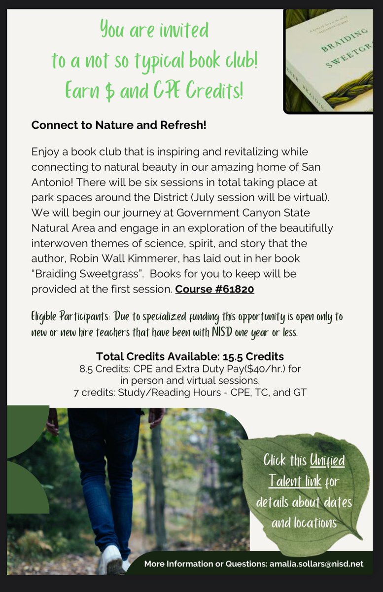 Amalia Sollars (@sollarsamalia) on Twitter photo <a href="/NISD/">Northside ISD</a> First year teachers at Title 1 campuses! Last chance 2 sign up for a not so typical book club! U receive compensation for each session & explore awesome nature spots around the city! Just 7 spots remain open! Sign up via Unified Talent. <a href="/NISDElemScience/">NISD Elem Science</a> <a href="/NISDMSScience/">NISDMSScience</a> <a href="/NISD/">Northside ISD</a> First year teachers at Title 1 campuses! Last chance 2 sign up for a not so typical book club! U receive compensation for each session & explore awesome nature spots around the city! Just 7 spots remain open! Sign up via Unified Talent. <a href="/NISDElemScience/">NISD Elem Science</a> <a href="/NISDMSScience/">NISDMSScience</a>