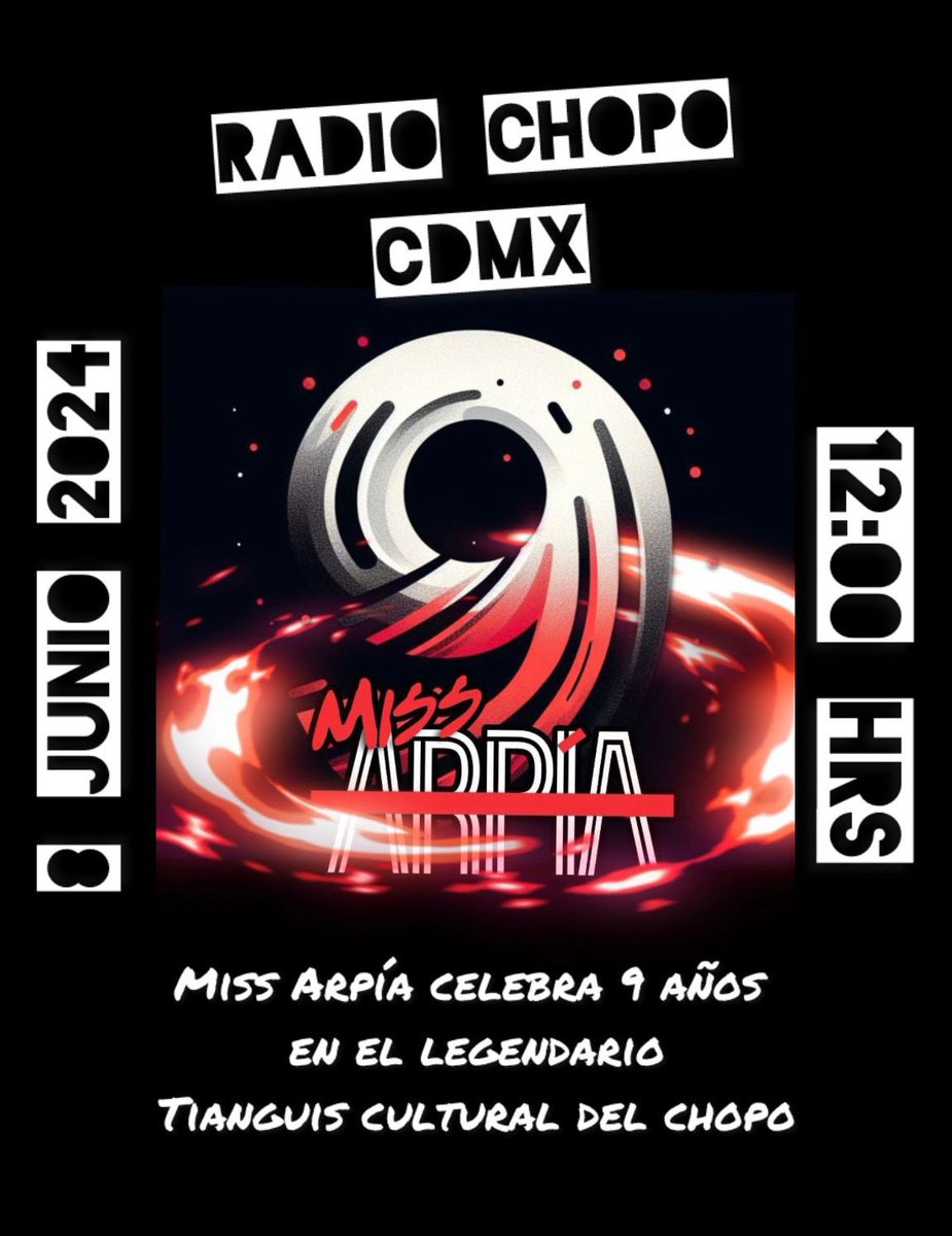 Pandilla, Conectando Mundos Emergentes y <a href="/QueCarton/">LO QUE DURE EL CARTÓN</a> vamos a festejar en grande los 9 años de nuestros grandes amigos de <a href="/missarpiaoficia/">Miss Arpía</a> 

📆 Sábado 8 de junio en punto de las 12 pm. 

📌 Tianguis Cultural del Chopo <a href="/TCChopoOficial/">Tianguis del Chopo</a> 

🌎 ⚡️ 🎙 ⚡️ 🌍

¡Allá nos vemos! ✌🏼🤘🏼😎