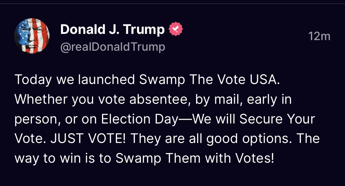 So all the conspiracies they said for 3 years about only voting on election day or the Deep State will steal your vote are out the window when Trump needs to win to stay out of prison.