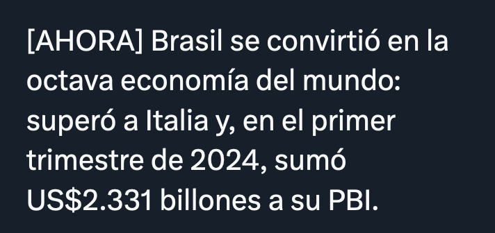 🇦🇷: lo mal que lo deben estar pasando con el comunista de Lula no?
🇧🇷: venimos creciendo a toda máquina y recien nos convertimos en el 8vo PBI mundial, de USD 2,3 billones.  Y ustedes?
🇦🇷: De US$ 600 mil millones, una cuarta parte del de ustedes y estacados desde hace 15 años.
