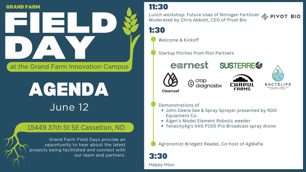 StetsonUrlacher's tweet photo. Field Day out @TheGrandFarm Innovation Campus next Wednesday! (6/12)
11:30 |Lunch Workshop on Nitrogen by @pivotbio CEO Chris Abbott
1:30 |Startup Pitches from our 2024 Startup Plots
Demos:@rdoequipment with @JohnDeere See &amp; Spray
@bmreadel talking HR Weeds
Share &amp; invite folks! https://t.co/DJmTbcddKw