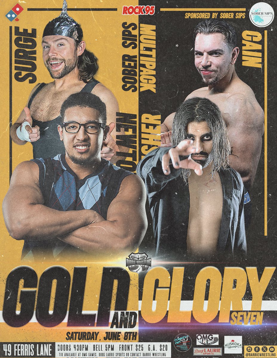 BarrieWrestling's tweet photo. Saturday, June 8
Gold And Glory 7 

Not only can you get a variety multi-pack of drinks from Sober Sips, but they're also sponsoring this multi-person Fatal Four way!

Tickets available now!

#BarrieWrestling
#GoldAndGlory 7
#BW2024 https://t.co/xXiPBvAw8F