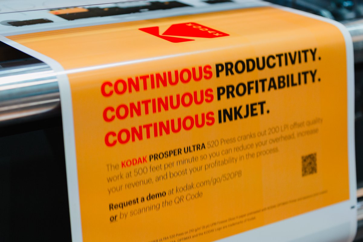 Kodak's tweet image. What if we could make it easier for you to self-publish a book with your most cherished moments #ShotOnFilm? The power of #inkjet shines through in short #printing runs that are less expensive for the consumer. #drupa
