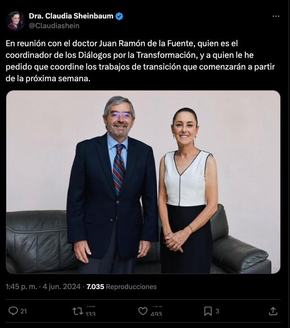 Reporte_Indigo's tweet photo. #LoÚltimo | Claudia Sheinbaum informa que Juan Ramón de la Fuente será quien coordine los trabajos de transición que comenzarán a partir de la próxima semana. https://t.co/eyqsTIqItO