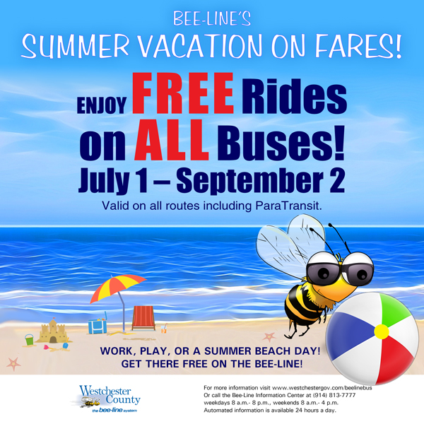 westchestergov's tweet photo. Free Bee Alert! Westchester County Executive George Latimer has lifted the fares on the Bee-Line Bus system, and is offering free rides this summer. From July 1, 2024 through September 2, 2024, all Bee-Line buses including ParaTransit will be fare-free, providing residents and visitors with a convenient and cost-effective transportation option throughout the County.

For more information about the fare-free Bee-Line bus initiative, schedules and routes, please visit the Westchester County Department of Public Works and Transportation website at https://t.co/kjiD5KjV3a or contact the Bee-Line customer service at (914) 813-7777.