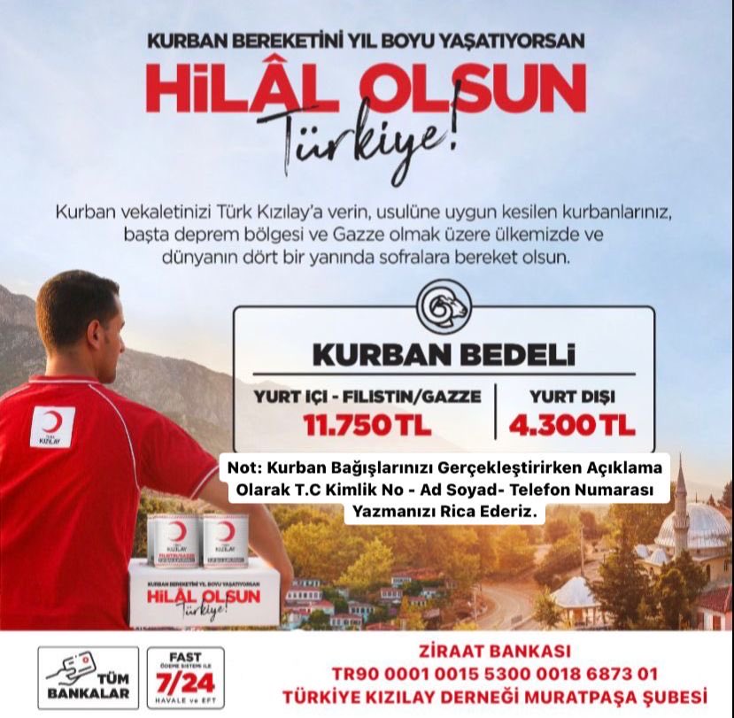 Bu yıl yine kızılay olarak sayenizde ihtiyaç sahiplerimize destek olmaya devam ediyoruz. 
Kurban vekaletinizi Muratpaşa Kızılay’a verin yıl boyunca ihtiyaç sahibi kardeşlerimizin sofralarına bereket olsun.
Allah kabul etsin inşallah