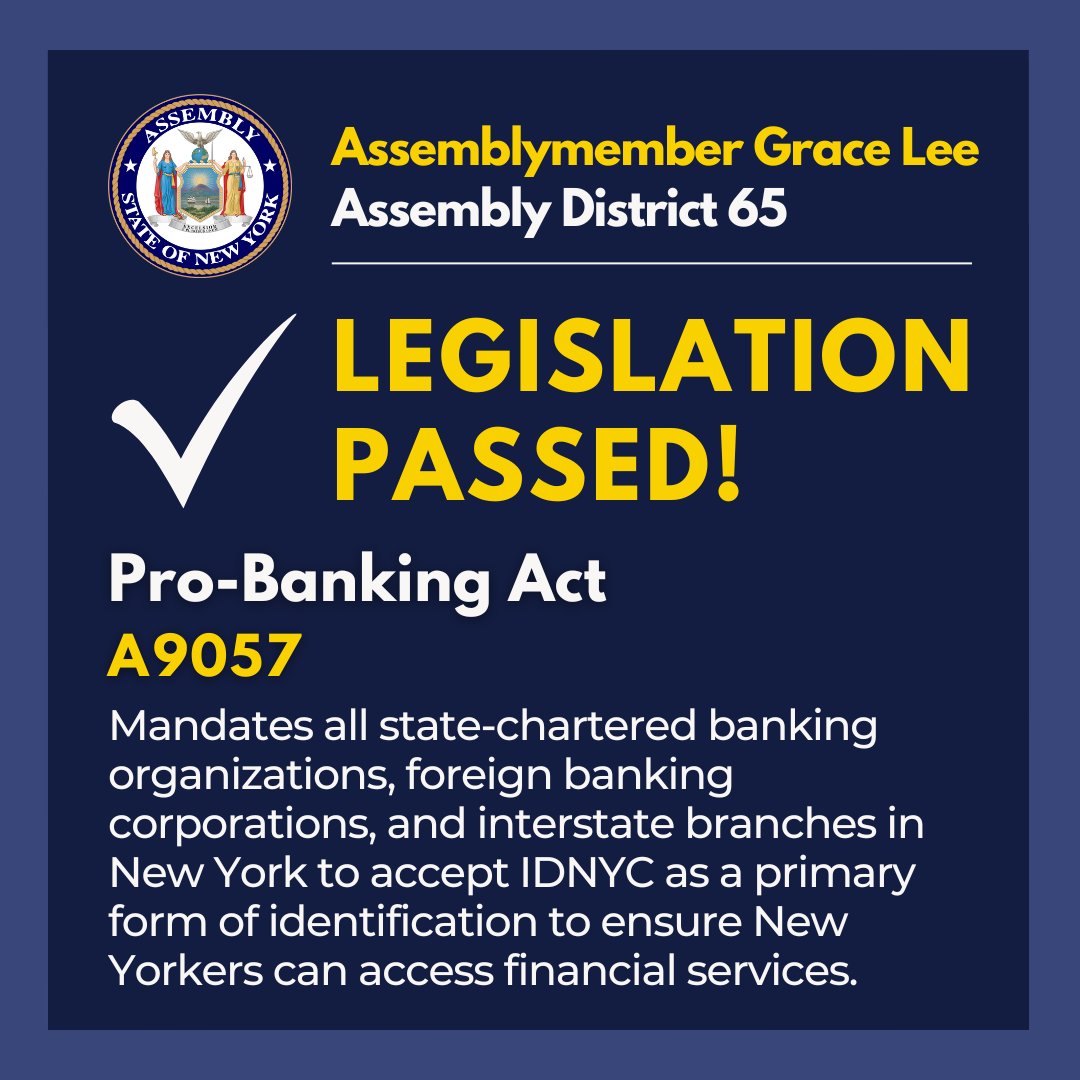 AMGraceLee's tweet image. The Pro-Banking Act just passed in the Assembly! This is a critical piece of legislation that will improve access to financial services for underserved communities in NYC💸