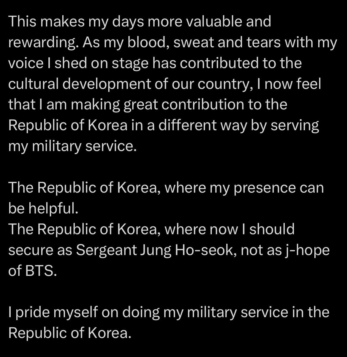 j94shope's tweet photo. Here’s the video of Hobi’s speech and the full translation thanks to @.ola_jhope 🥹

His positive and strong mentality and the way he always inspires those around him… there’s no one like him😭

PROUD OF YOU SERGEANT JUNG HOSEOK 
OUR FOREVER ARTIST JHOPE 
WAITING FOR JUNG HOSEOK https://t.co/86FM2WH4f5