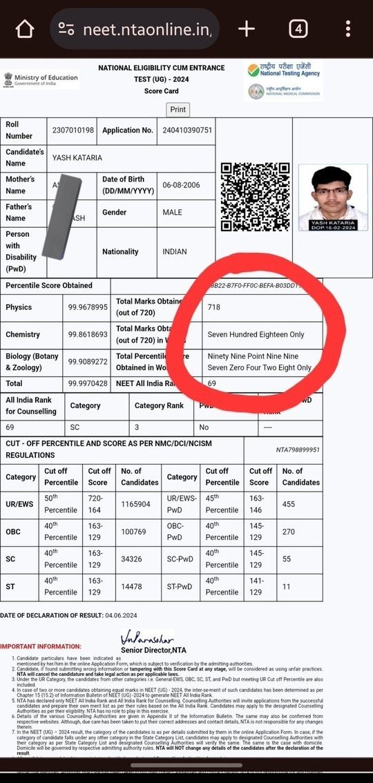 Till number 67, candidates have got 720 marks but an interesting thing to note here is 2 candidates have also scored 719 and 718 marks with AIR 68 and 69 respectively.
This doesn't seem mathematically possible to me in any way.
NTA is literally making a fool out of themselves.