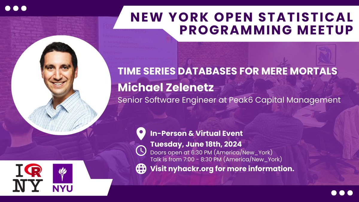 NYC Data Hackers (@nyhackr) on Twitter photo 🚨Don't forget to RSVP to the #rstats meetup TOMORROW, June 18!
Hear from Michael Zelenetz (<a href="/mzelenetz/">Michael Zelenetz</a>), who will talk about time series databases, an intro to <a href="/TimescaleDB/">Timescale (now TigerData)</a>!
RSVP & info➡️ nyhackr.org
👏 Thanks to <a href="/NYU_PRIISM/">NYU PRIISM Center</a> for hosting! 🚨Don't forget to RSVP to the #rstats meetup TOMORROW, June 18!
Hear from Michael Zelenetz (<a href="/mzelenetz/">Michael Zelenetz</a>), who will talk about time series databases, an intro to <a href="/TimescaleDB/">Timescale (now TigerData)</a>!
RSVP & info➡️ nyhackr.org
👏 Thanks to <a href="/NYU_PRIISM/">NYU PRIISM Center</a> for hosting!