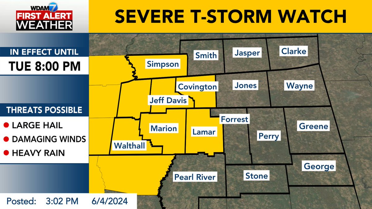 WDAMMaxThree's tweet photo. 🚨𝗙𝗜𝗥𝗦𝗧 𝗔𝗟𝗘𝗥𝗧🚨 SEVERE T-STORM WATCH: Conditions are favorable for severe t-storms. Take shelter immediately if a warning is issued.  Stay Tuned to WDAM and the WDAM 7 First Alert Weather App. https://t.co/kJAzFbRh6k