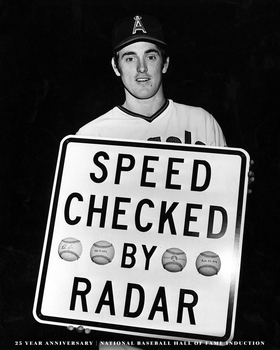 In 1974, Nolan Ryan set the Guinness World Record for the fastest-recorded baseball pitch with a 100.9 mph fastball. With today's technology, it's estimated to have been 108.1 mph. Stay tuned weekly as we honor the 25th anniversary of Ryan’s induction into the @baseballhall.