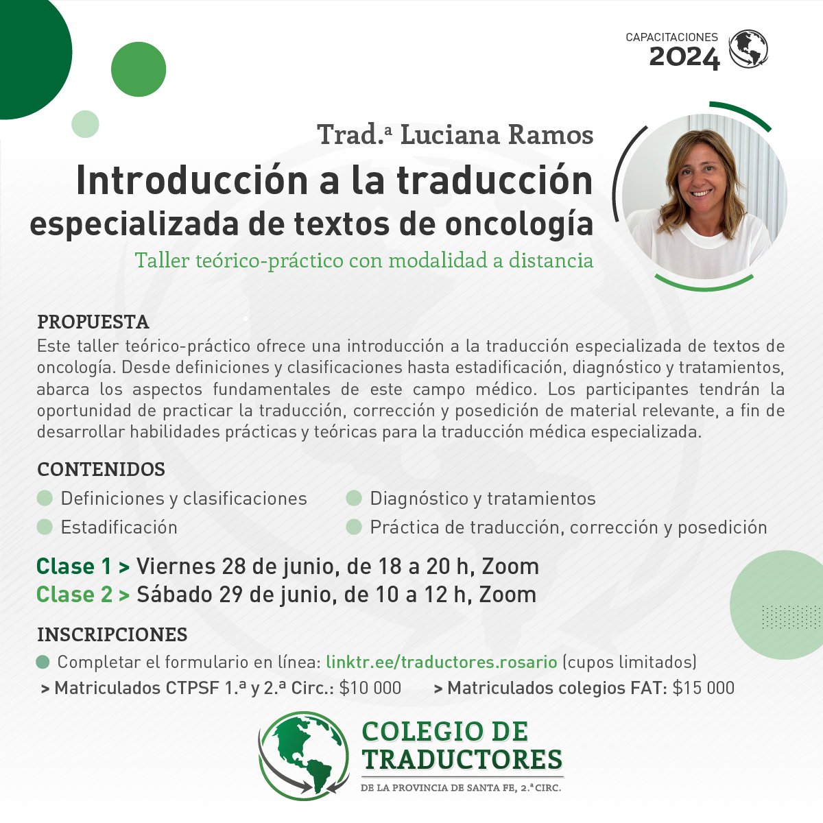 🟢 Taller teórico-práctico: «Introducción a la traducción especializada de textos de oncología»! 🩺

El taller será dictado con modalidad a distancia 💻 y estará a cargo de la Trad.ª Luciana Ramos.

✍️ Link de inscripción: bit.ly/Trad_TextosOnc…

¡Los esperamos!