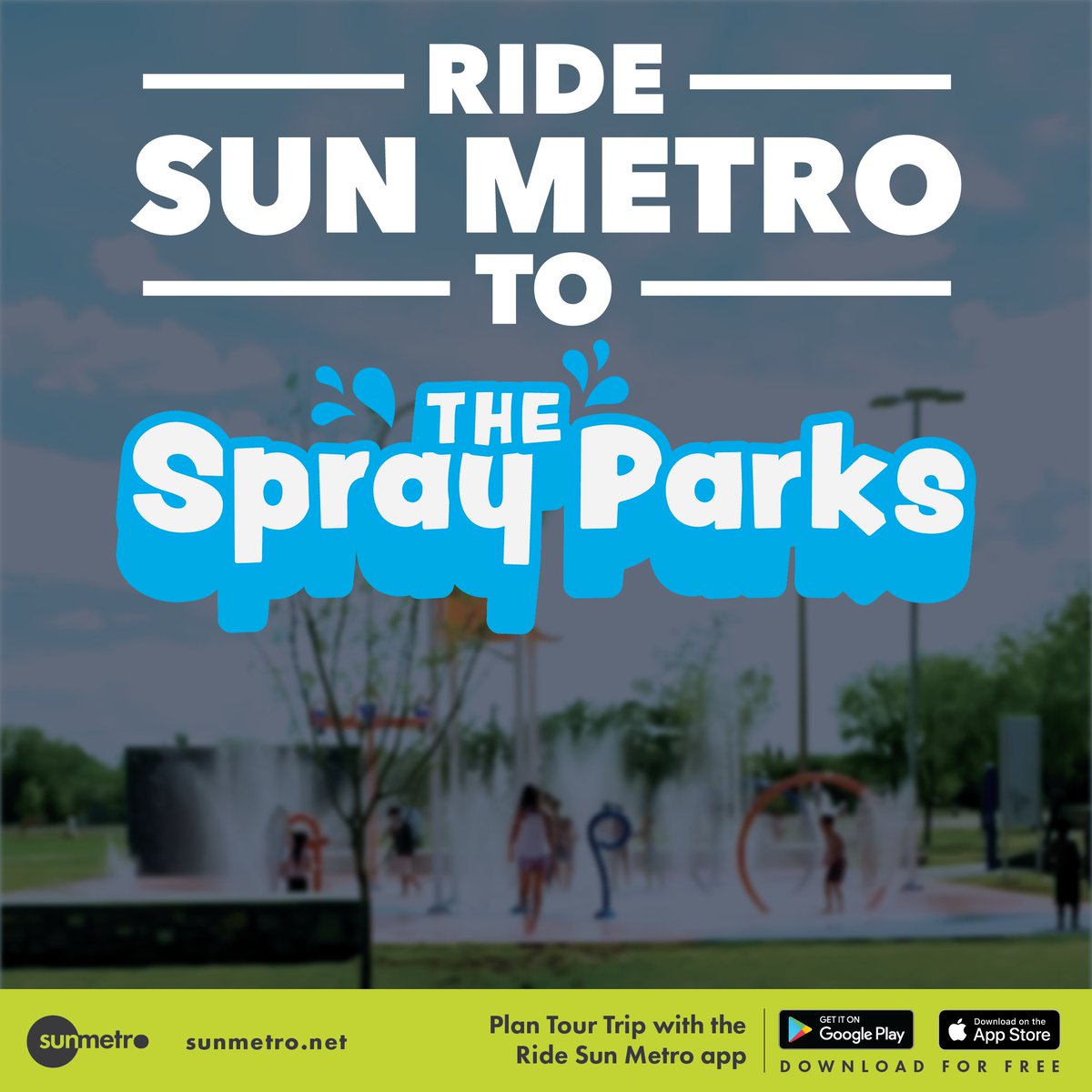 SunMetro's tweet photo. Ride Sun Metro to the Spray Parks! π¦ Plan your trip by downloading the free Ride Sun Metro app: https://t.co/o1xq05nqZT
El Paso Spray Parks are open daily. For more information visit https://t.co/kbL1cl5sDf
#summertime #EPTXParks #SprayParks #IAmElPaso #SplashPad #EPTX https://t.co/XalNYYY35f