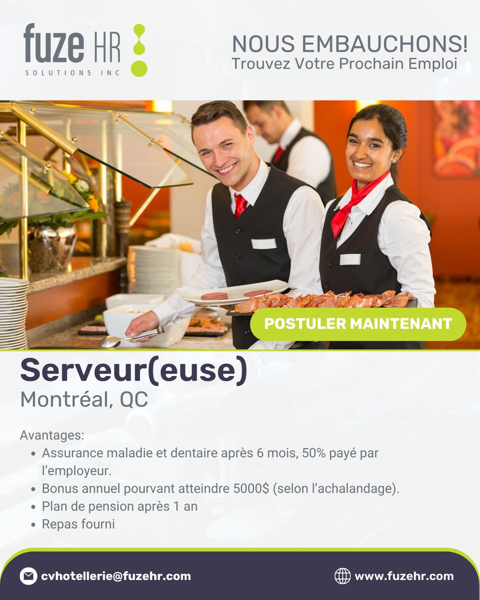 FuzeHR's tweet image. Notre client est à la recherche d’une serveur(euse) à Montréal, QC.

Apprenez en plus ici : ow.ly/qmSF50S2UhI

#Serveur #Serveuse #Waiter #Waitress #Hotellerie #HotelJobs #Emploi #Carriere Montréal #QC #Quebec #Canada #Recruitment #Staffing #Agency