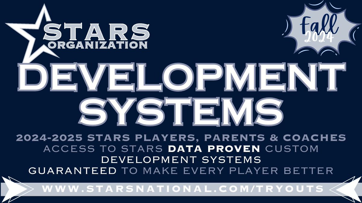 🌟GUARANTEED🌟
Get better with the Stars Organization!!

We share our custom development systems with all of our Coaches, Parents &amp; Players!!

All Development Systems will Improve Players Skills - Proven with Data over the last 3 years.

🔗 starsnational.com/tryouts 💫