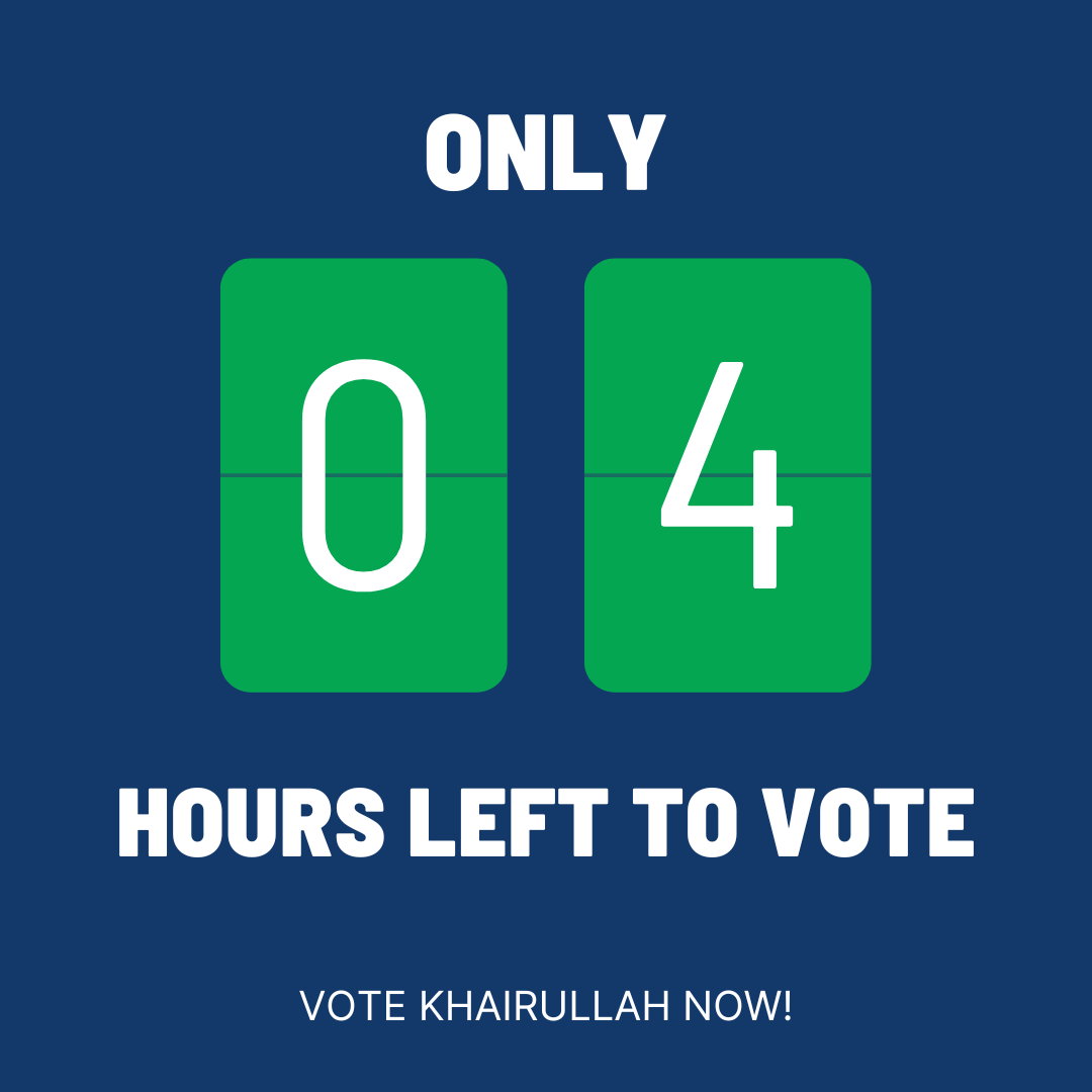 MK4Congress's tweet photo. Only FOUR hours left to vote! Vote Khairullah now. https://t.co/FaxnoKkjTh