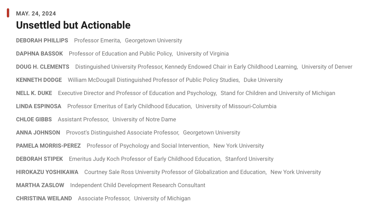 Perhaps you saw a recent piece in Science, "Unsettled science on longer-run effects of early childhood." I think we actually know a lot more than the piece suggests, and I joined w/ several early childhood researchers to respond. Our thoughts here: science.org/doi/10.1126/sc…