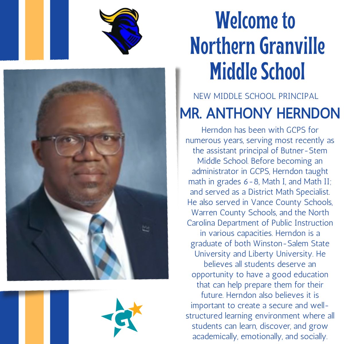On June 3, 2024, the Board of Education named Mrs. Jessie Shore as the new principal of G. C. Hawley Middle School. Mr. Anthony Herndon was named as the new principal of Northern Granville Middle School. Please help us welcome them to the GCPS Family! #GCPSFocusForward