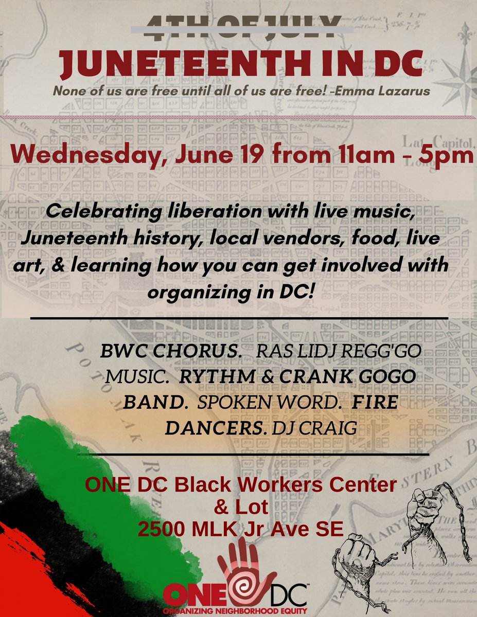 📢JUNETEENTH in DC📢On Wednesday, June 19th, ONE DC will be hosting a Juneteenth Community Festival to commemorate &amp; learn about Juneteenth. There will be live performances, vendors &amp; pop-up shops, food &amp; drinks, face painting &amp; ice cream (free for the first 50) for kids.