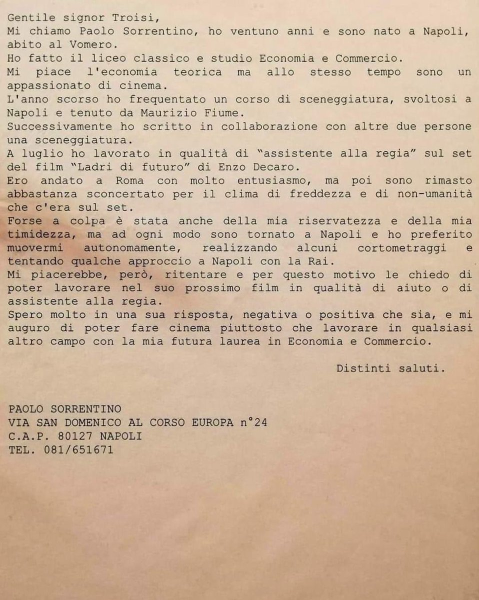 _althenopis's tweet photo. Paolo Sorrentino scrive a Massimo Troisi nel 1991 https://t.co/Zy6KorZ1rX