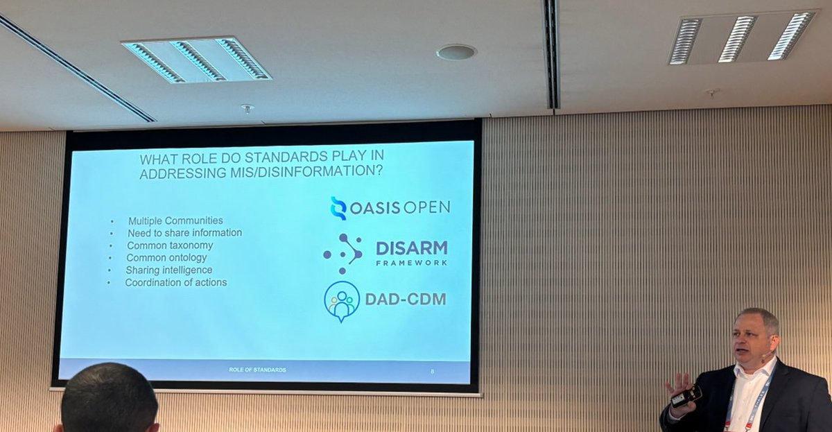 OASISopen's tweet photo. Just wrapped up an insightful roundtable &amp; keynote on open data standards for mis/disinformation defense at #EIC2024! Key takeaways: collaboration, shared strategies, and innovative approaches. Check out how the new OASIS DAD-CDM project will make a difference! #DataIntegrity https://t.co/S42cUgYf9t