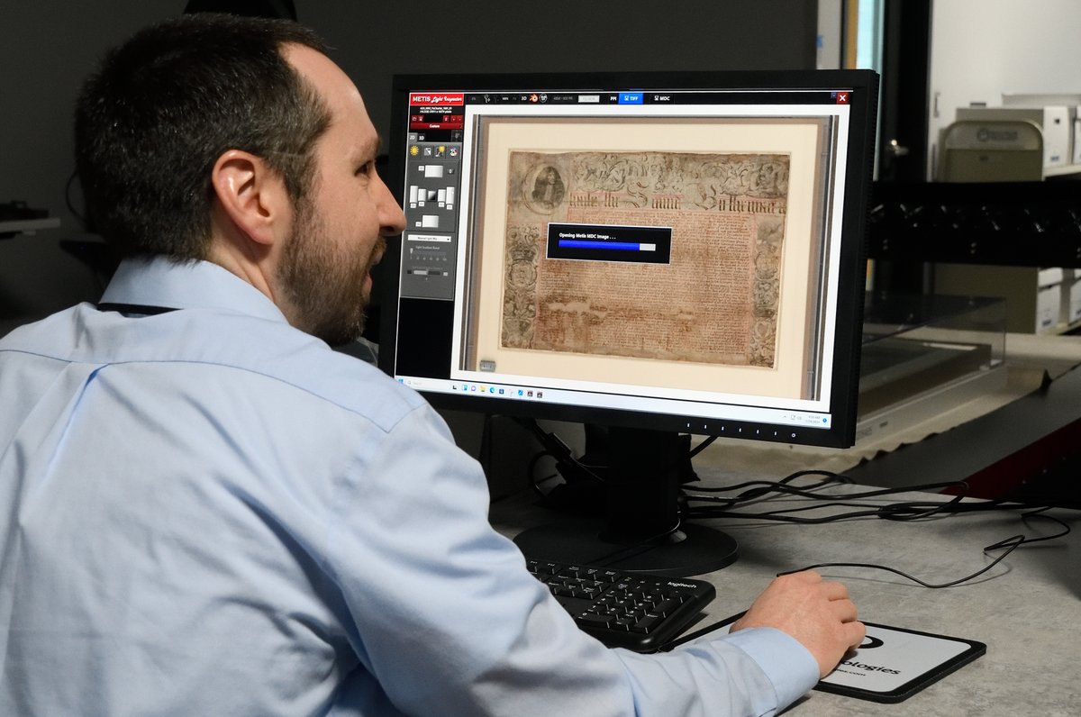 PHMC's tweet photo. We're kicking off #MuseumWeek by spotlighting the new Pennsylvania State Archives! The #Archives used its #StateOfTheArt scanner to scan William Penn's 1681 Charter. ➡ https://t.co/ZfiZxCXtDk 
#ArtificialIntelligenceMW https://t.co/mSbMhR8wgD