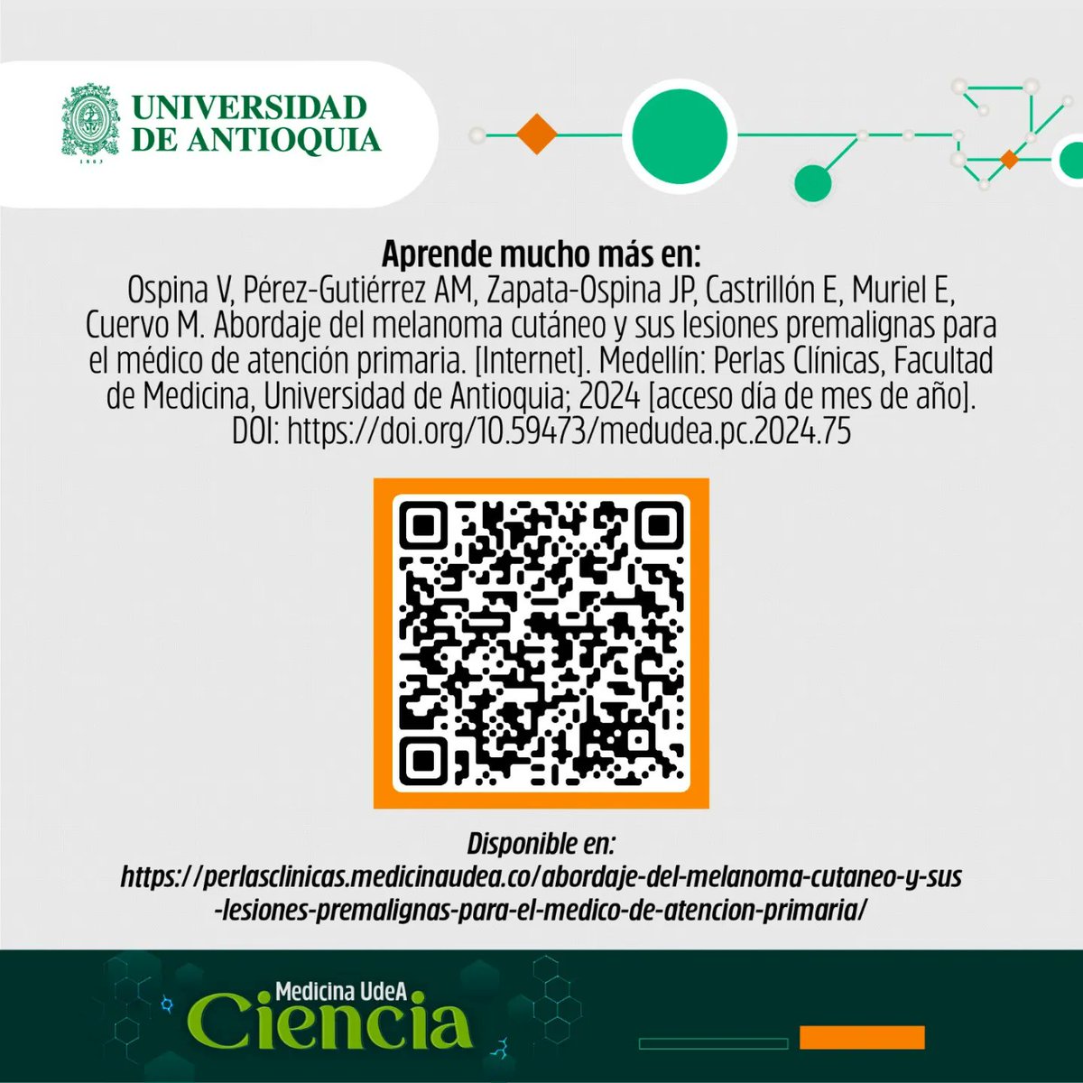 #PerlasClinicasUdeA | Melanoma
Doc., en ocasiones la valoración adecuada de una lesión cutanea puede ser un poco confusa, es por esto que te traemos esta mnemotecnia para que tengas en cuenta el melanoma si se presentan estas condiciones.