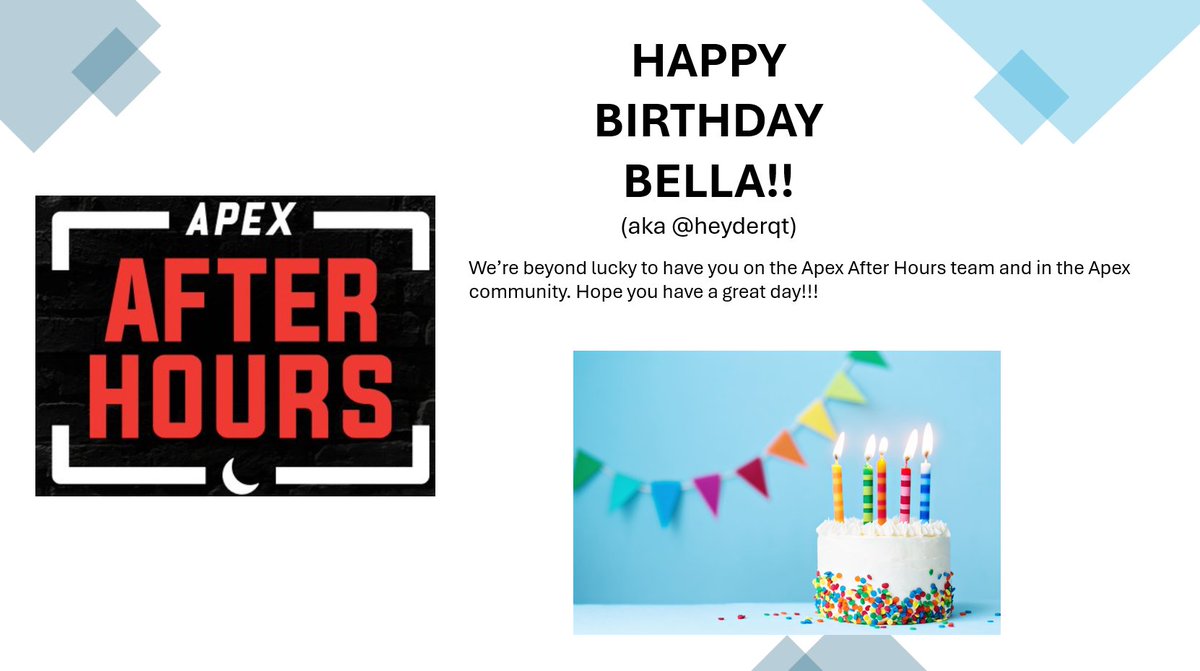 Apex After Hours (@apexafterhours) on Twitter photo Happy birthday to our <a href="/ApexAfterHours/">Apex After Hours</a> Project Manager <a href="/heyderqt/">Bella</a>, +appreciation post for the behind-the-scenes super team powering AAH
We truly wouldn't exist without Bella, <a href="/ChronoCreative/">CHRONO</a> and <a href="/ilybeamic/">Brock 'Beamic'</a> - plz give them love
PS- Falloutt designed this! Chrono is gonna kill me:) Happy birthday to our <a href="/ApexAfterHours/">Apex After Hours</a> Project Manager <a href="/heyderqt/">Bella</a>, +appreciation post for the behind-the-scenes super team powering AAH
We truly wouldn't exist without Bella, <a href="/ChronoCreative/">CHRONO</a> and <a href="/ilybeamic/">Brock 'Beamic'</a> - plz give them love
PS- Falloutt designed this! Chrono is gonna kill me:)