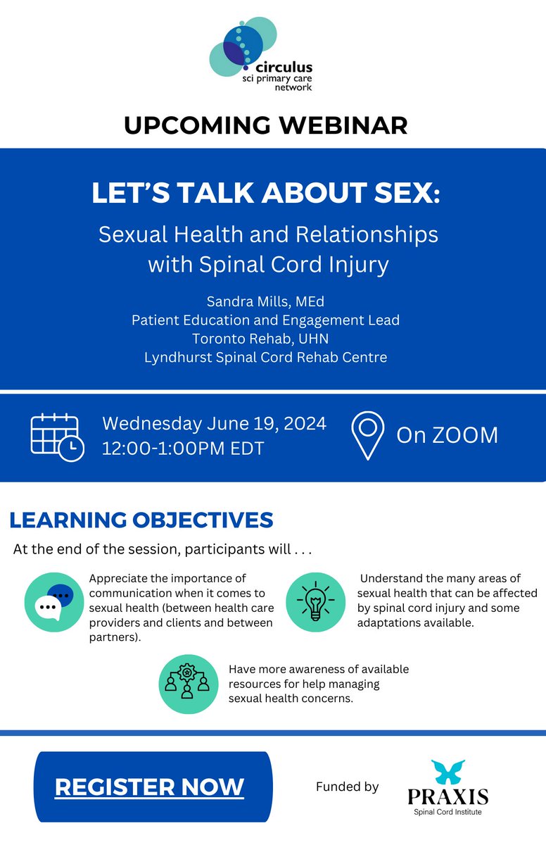 CFFM_Mobility's tweet photo. Join us for our upcoming Circulus SCI Primary Care Network webinar "Let's Talk about Sex: Sexual health and relationships with spina l cord injury"

Register here: https://t.co/J1CBlXGCEW

Webinar series funded by @praxis_sci

#sexualhealth #primarycare #spinalcordinjury #SCI https://t.co/kxZ5SaZoXs