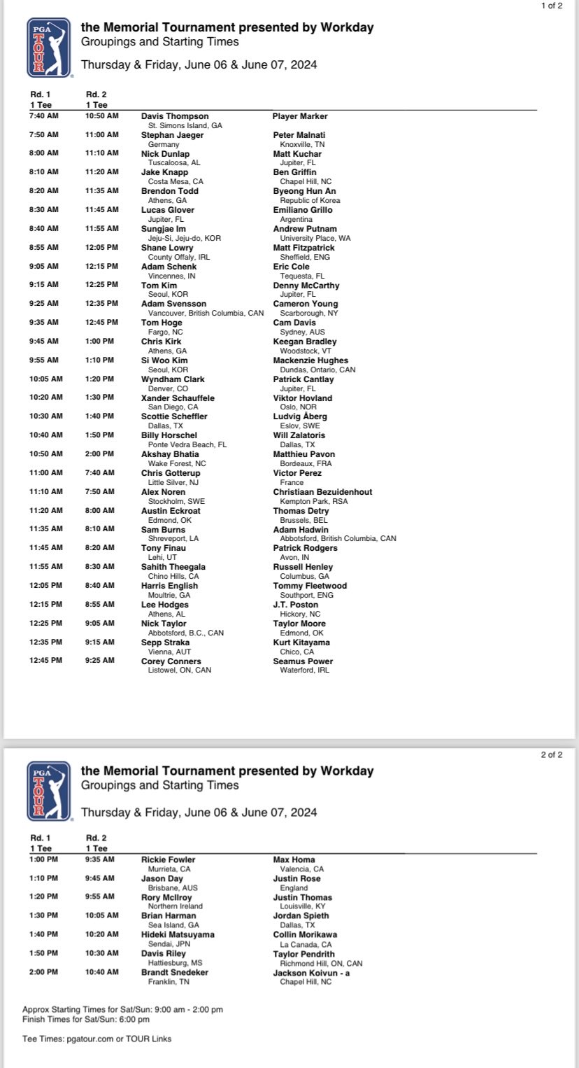 PGA TOUR Communications on X Tee times and pairings for the first and second rounds at the Memorial Tournament presented by Workday https t pmjD057RNf X