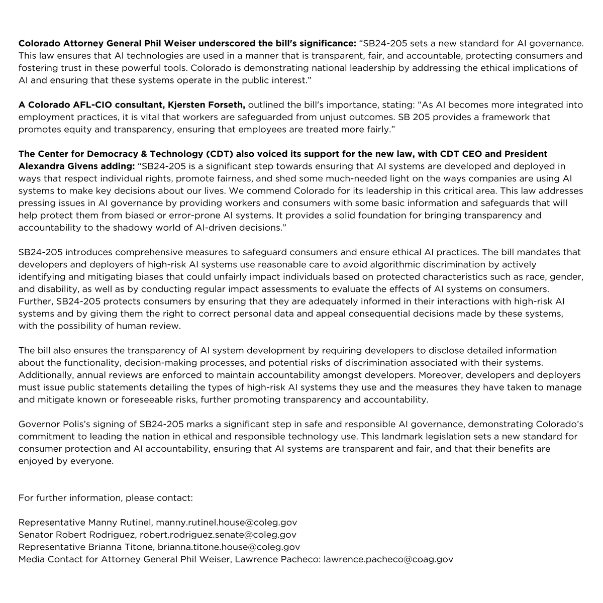 We just passed the most far-reaching AI law in the nation!

Colorado’s new law will protect workers, tenants, and consumers from discriminatory algorithms that perpetuate the racism, sexism, and ableism of our past.

Here’s our Press Release: