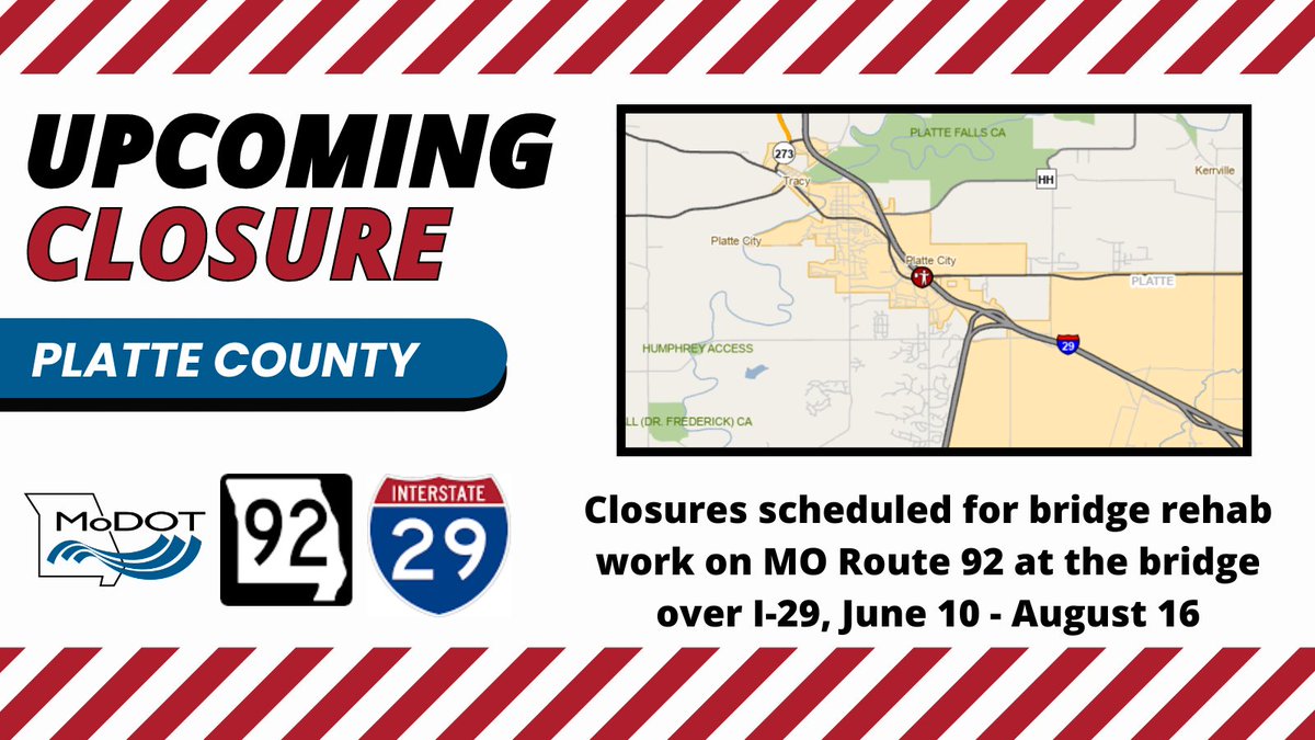 PLATTE COUNTY – MoDOT will make the following traffic modifications for bridge rehab work on MO 92 at the bridge over I-29 in Platte City starting June 10 at 10 a.m. Motorists should follow signed detour. All work is weather permitting. #KCTRAFFIC Details: modot.org/node/48539