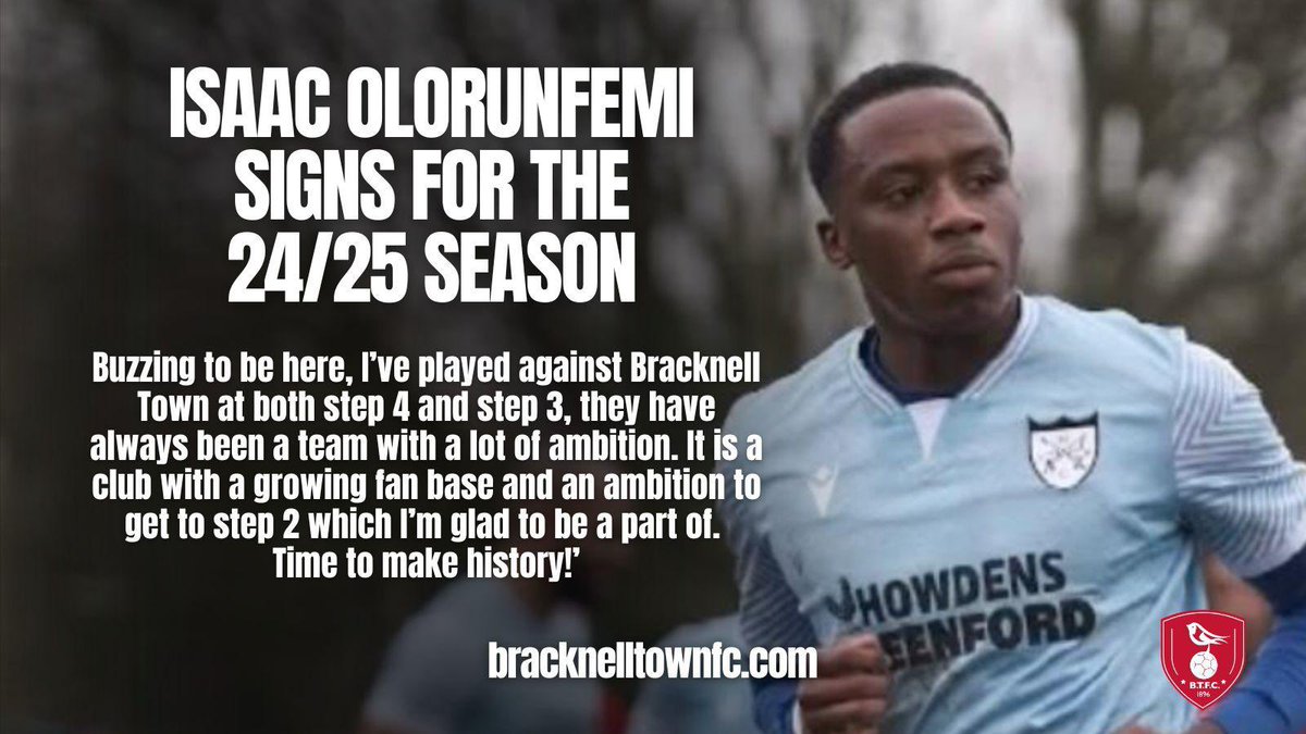 BracknellTownFC's tweet photo. We are delighted to announce the signing of Isaac Olorunfemi from Hanwell Town for the 24/25 season. 

We are familiar with Isaac, who has always proven tough to play against. We are delighted to have with the Robins for the coming campaign.

#TOGETHERBTFC #COYR https://t.co/cuKzBLyesR