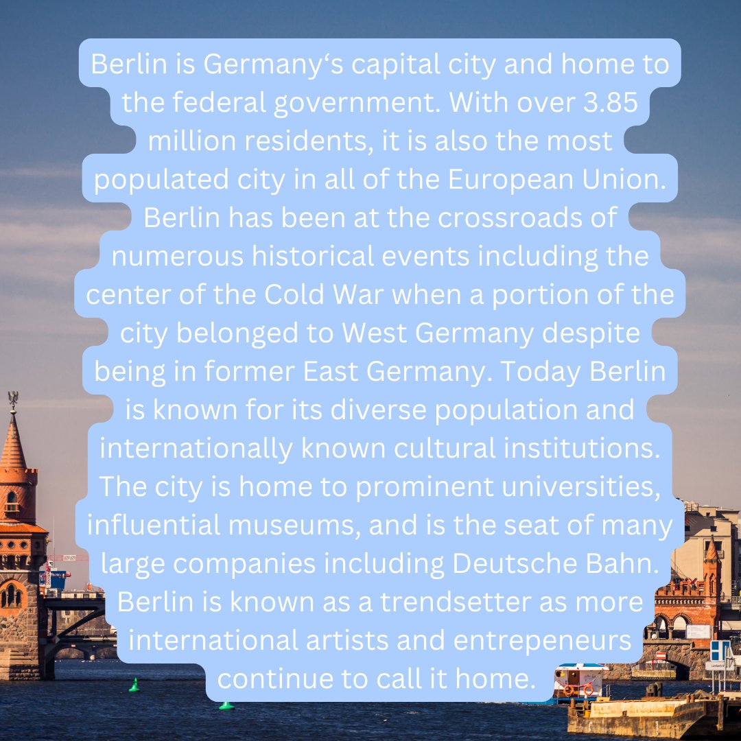 TOPTeachGermany's tweet photo. The final city we would like to highlight is #Berlin. We know the capital of #Germany holds a special place in the hearts of so many #TOPAlumni. Please share your favorite stories with us as we gear up to meet the first #TOPstudytour group this weekend!
#TOPteachgermany https://t.co/lEtfT6s8ED