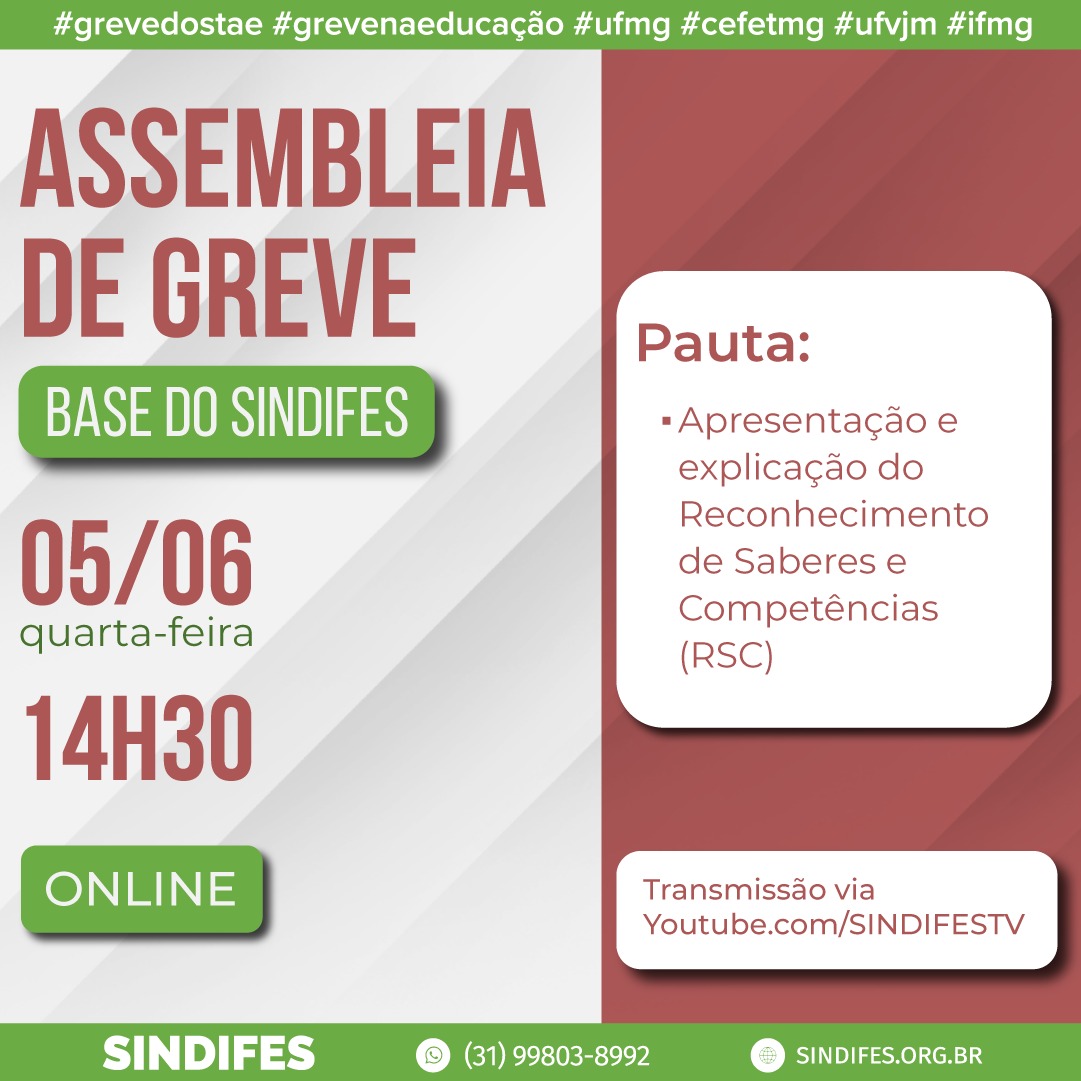 sindifes's tweet photo. 📢 O Comando de Greve do SINDIFES convoca a sua base para participar da Assembleia Temática para explicação sobre o RSC nesta quarta, 5/6 de junho, às 14h30. Acompanhe pelo canal do Youtube do SINDIFES: https://t.co/PEPSGlVcfM
#grevedostae #grevenaeducação #sindifes #pcctae https://t.co/czsvgx2uce