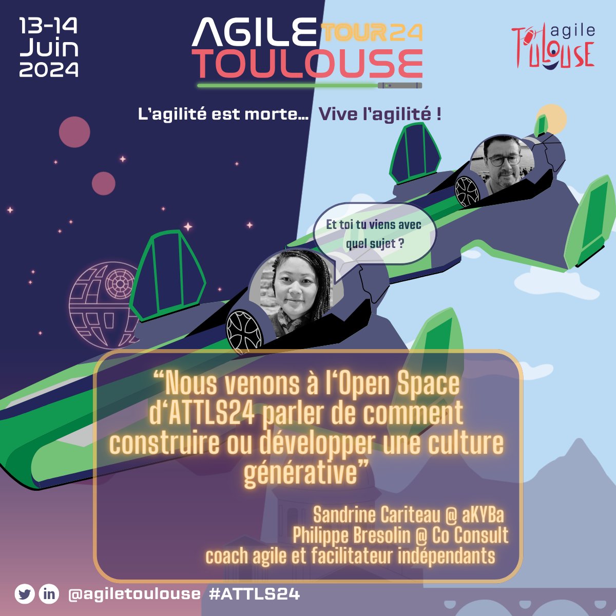 🧑‍🚀Sandrine Cariteau &amp; Philippe BRESOLIN proposeront à l'Open Space de l’#ATTLS24 de parler de comment construire ou développer une culture générative. 
🌒 et toi, tu viens avec quel sujet ? 🌖

🎟 Billetterie : billetweb.fr/agile-tour-tou…

➕d'infos : tour.agiletoulouse.fr