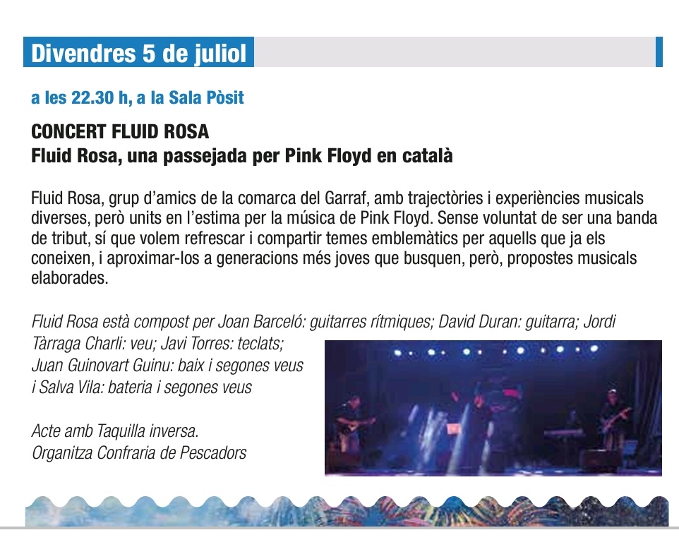 Fluid_Rosa's tweet image. Molt contents de contribuir al programa de festa major de @ajuntamentvng, amb el concert a la Confraria de Pescadors.